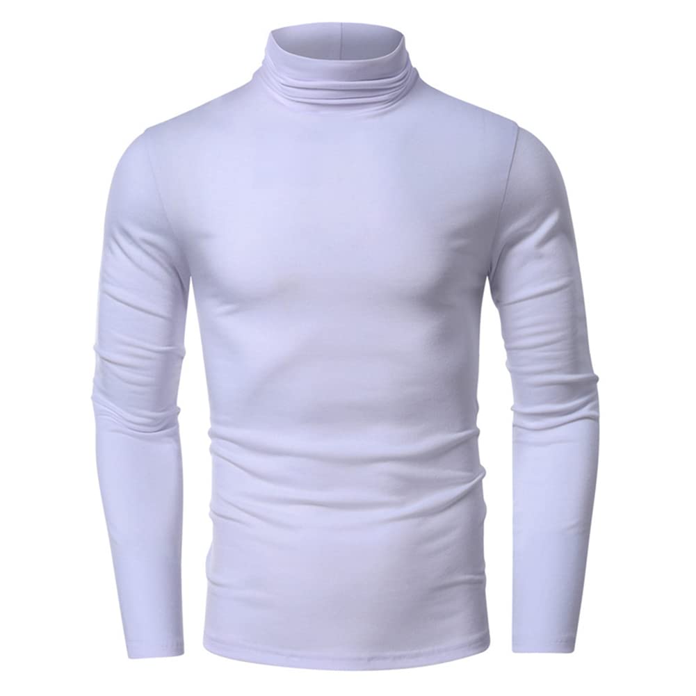 Men's Slim Fit Turtleneck Long Sleeve Pullover Casual Thermal Lightweight Basic T shirt White