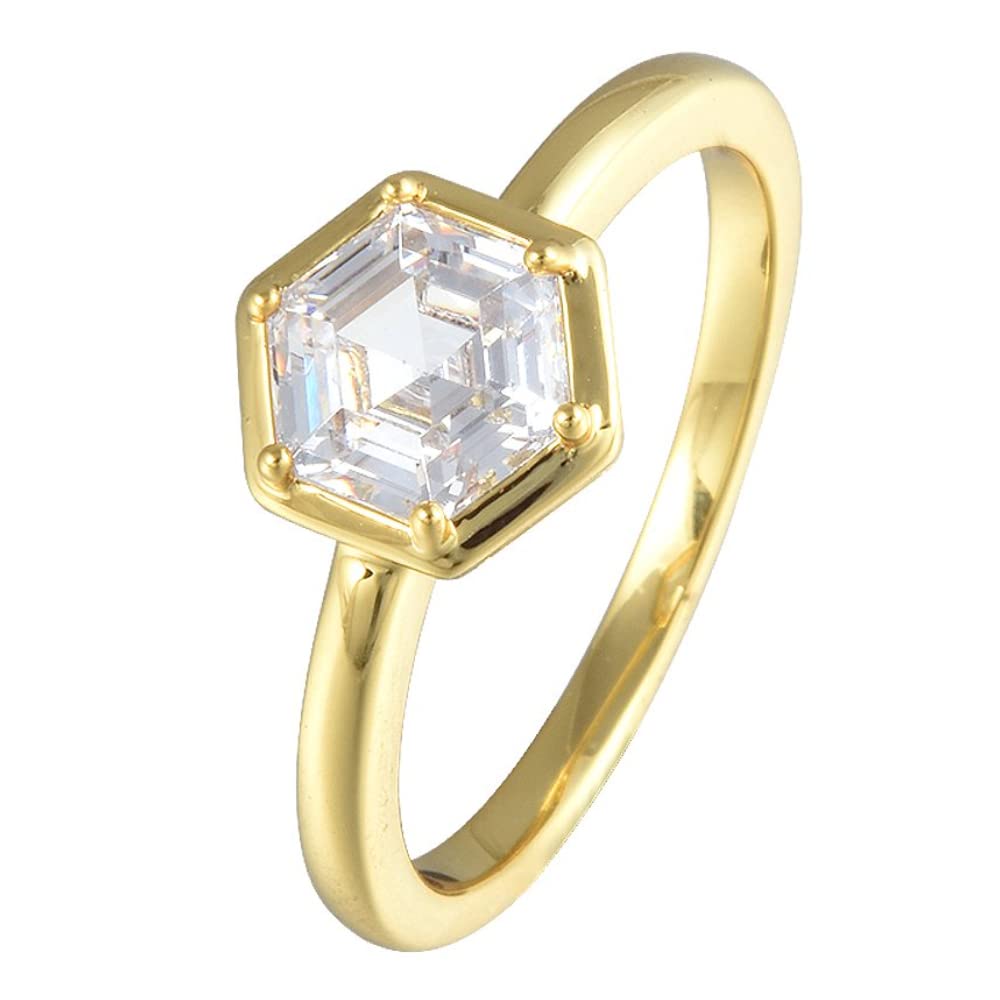 RIZILIA BEEHIVE Hexagon Solitaire Ring with Custom-Cut 1CT (6mm) Gemstone [White Cubic Zirconia] in 18K Yellow Gold Plated, Size 7