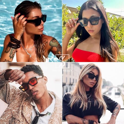 SHEEN KELLY Retro Square Sunglasses for Men Women Trendy Thick Rectangle Chunky Frame Black Shades Fashion 90s Glasses