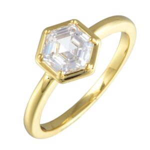 rizilia beehive hexagon solitaire ring with custom-cut 1ct (6mm) gemstone [white cubic zirconia] in 18k yellow gold plated, size 7