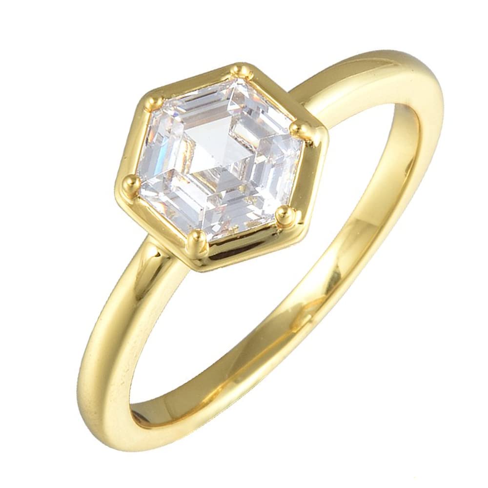 RIZILIA BEEHIVE Hexagon Solitaire Ring with Custom-Cut 1CT (6mm) Gemstone [White Cubic Zirconia] in 18K Yellow Gold Plated, Size 7