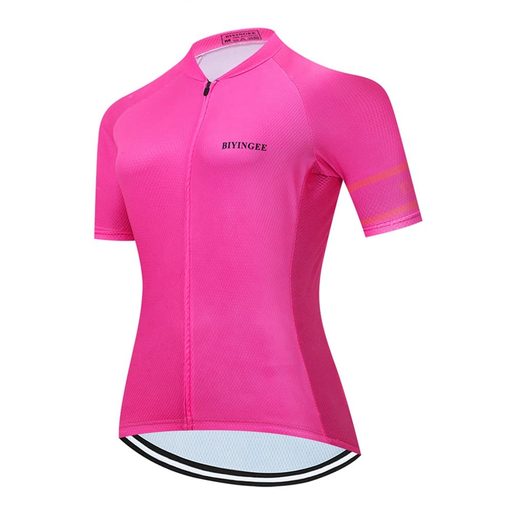 XUNQI Women's Cycling Jersey Short Sleeve Reflective with Rear Zippered Pocket Solid Pink Cycle Jersey Women Size M