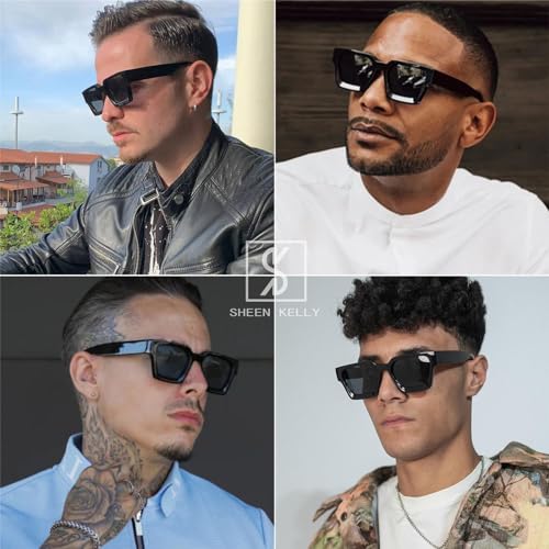 SHEEN KELLY Retro Square Sunglasses for Men Women Trendy Thick Rectangle Chunky Frame Black Shades Fashion 90s Glasses