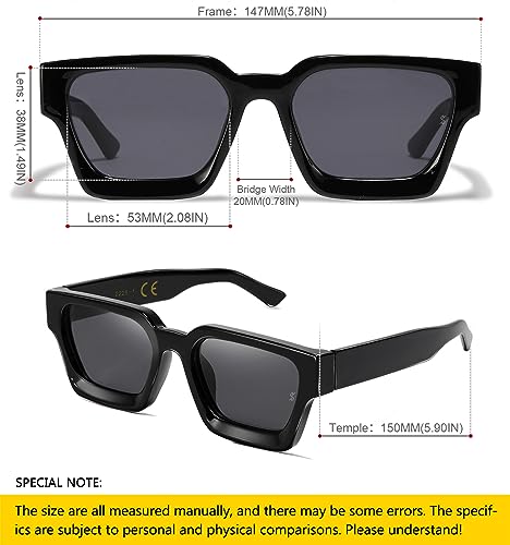 SHEEN KELLY Retro Square Sunglasses for Men Women Trendy Thick Rectangle Chunky Frame Black Shades Fashion 90s Glasses