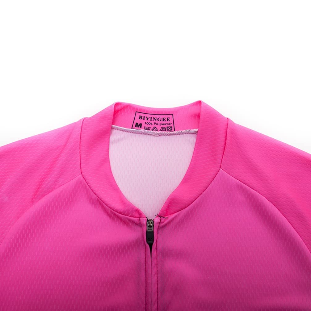 XUNQI Women's Cycling Jersey Short Sleeve Reflective with Rear Zippered Pocket Solid Pink Cycle Jersey Women Size M