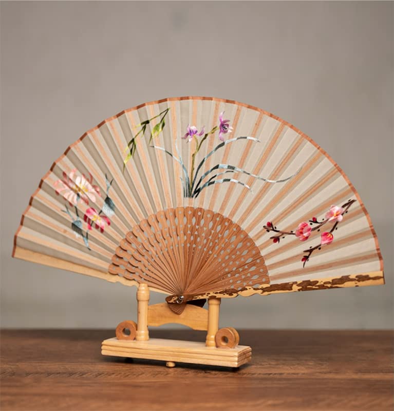 HangErFeng Folding Fan Vintage Hand Fans for Women Silk Double-side Handmade Embroidery Bamboo Fan 50 Pink