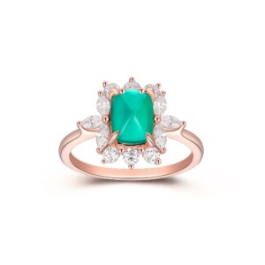 Frayerr 4 Claw Prongs Long Sugar Loaf Cut Cushion Emerald Ring - Prong Set Round & Marquise Moissanite Halo 14K Gold Engagement Ring - Vintage Emerald Wedding Anniversary Ring For Wife - Art Deco Emerald Birthstone Ring Gift For May Born Her (14K White Go