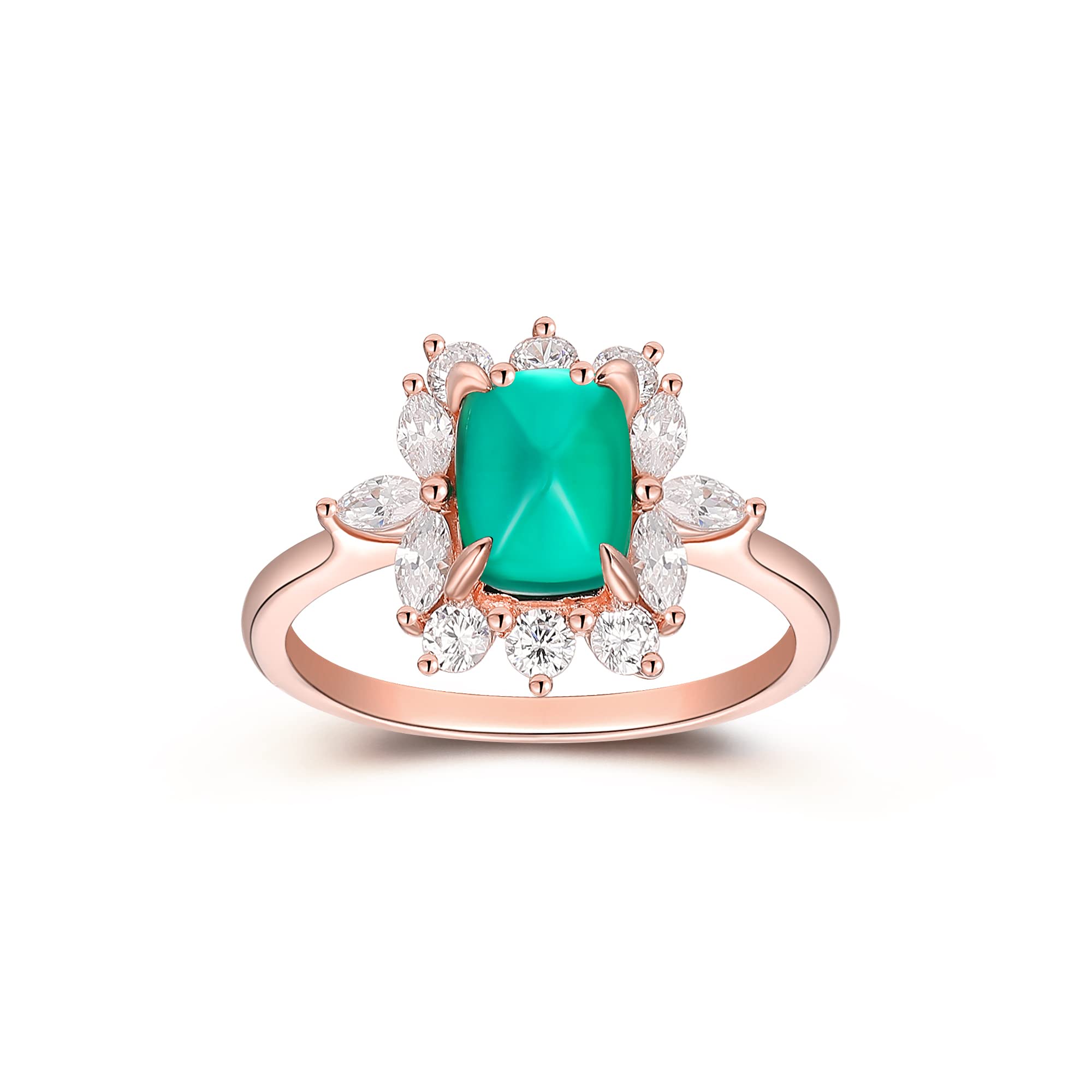 Frayerr 4 Claw Prongs Long Sugar Loaf Cut Cushion Emerald Ring - Prong Set Round & Marquise Moissanite Halo 14K Gold Engagement Ring - Vintage Emerald Wedding Anniversary Ring For Wife - Art Deco Emerald Birthstone Ring Gift For May Born Her (14K White Go