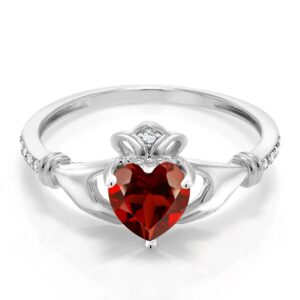 Gem Stone King 10K White Gold 6MM Heart Shape Gemstone Birthstone and White Diamond Irish Celtic Claddagh Engagement Ring | Gold Ring For Women | Available In Size 5, 6, 7, 8, 9