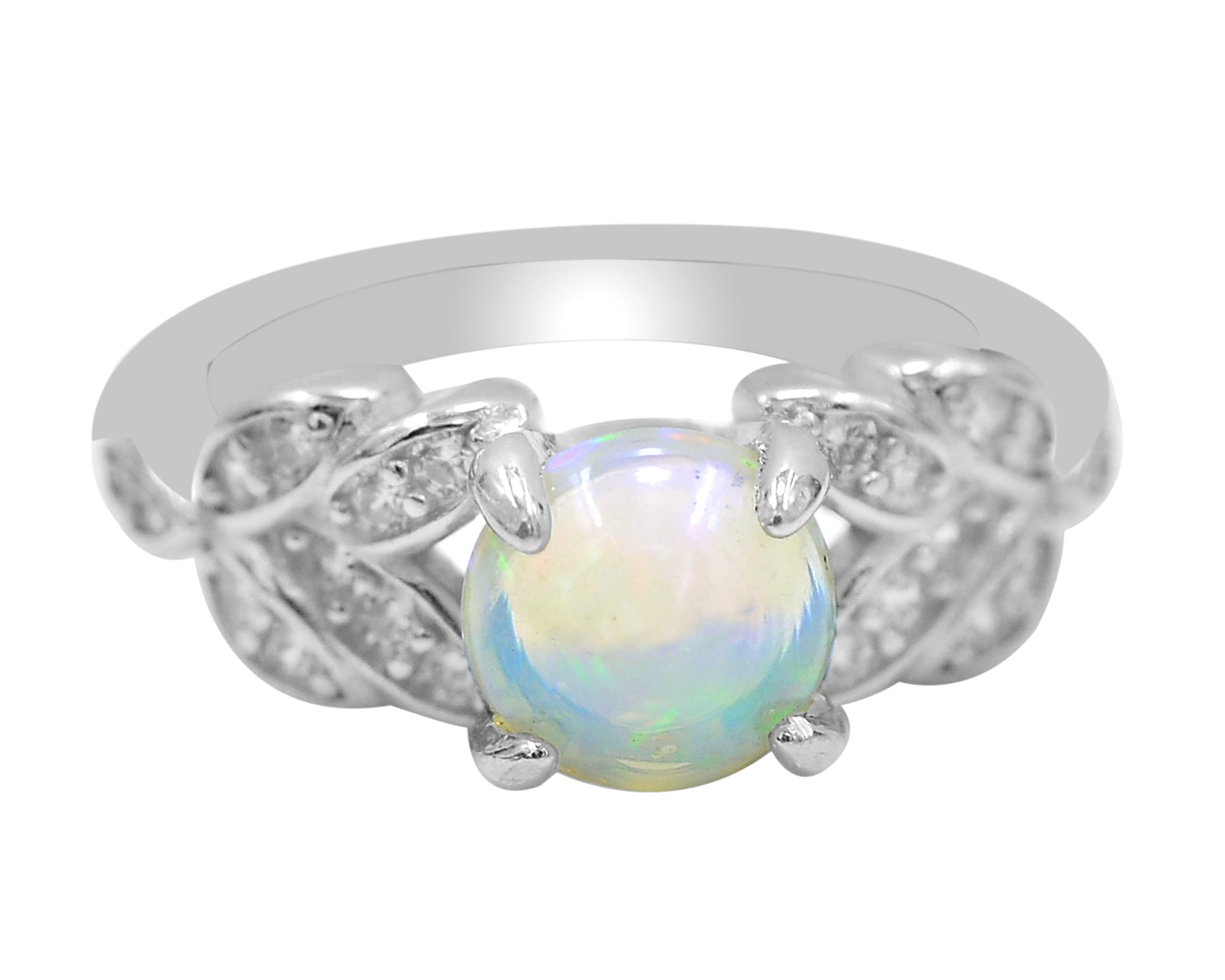 8 MM Natural Rainbow Fire Ethiopian Opal Cabochon Ring 925 Sterling Silver October Birthstone Solitaire Ring Opal Jewelry Birthday Gift For Wife (Sterling Silver, 11.5 US)