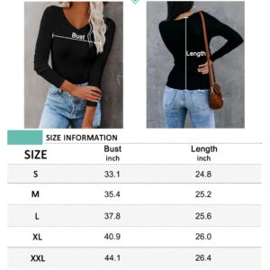 REVETRO Women's Long Sleeve V Neck T Shirt 2024 Fall Ribbed Knit Slim Fitted Casual Solid Color Basic Tee Tunic Tops Black Small…