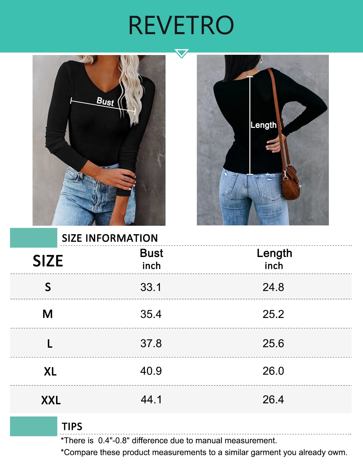 REVETRO Women's Long Sleeve V Neck T Shirt 2024 Fall Ribbed Knit Slim Fitted Casual Solid Color Basic Tee Tunic Tops Black Small…