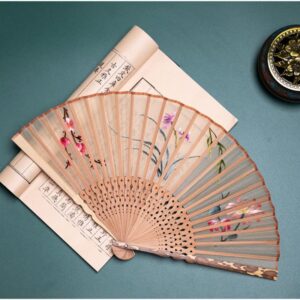 HangErFeng Folding Fan Vintage Hand Fans for Women Silk Double-side Handmade Embroidery Bamboo Fan 50 Pink