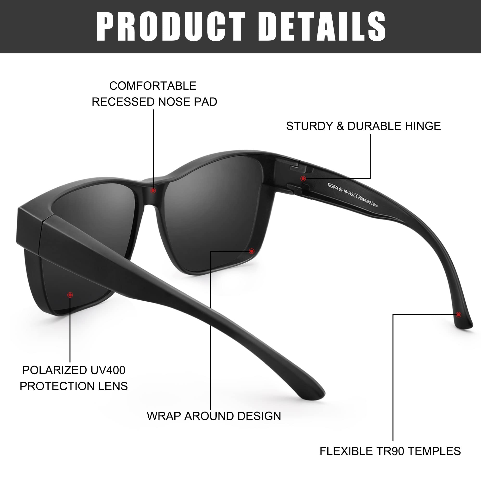 Peekaco Sunglasses Fit Over Glasses for Men Women, Lightweight Polarized Sunglasses Wear Over Glasses, UV400 Protection