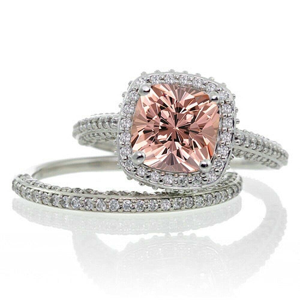 Cushion & Round Cut Morganite & Diamond 925 Sterling Silver 14K White Gold Over Diamond Wedding Bridal Ring Set for Women