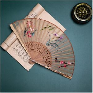 HangErFeng Folding Fan Vintage Hand Fans for Women Silk Double-side Handmade Embroidery Bamboo Fan 50 Pink