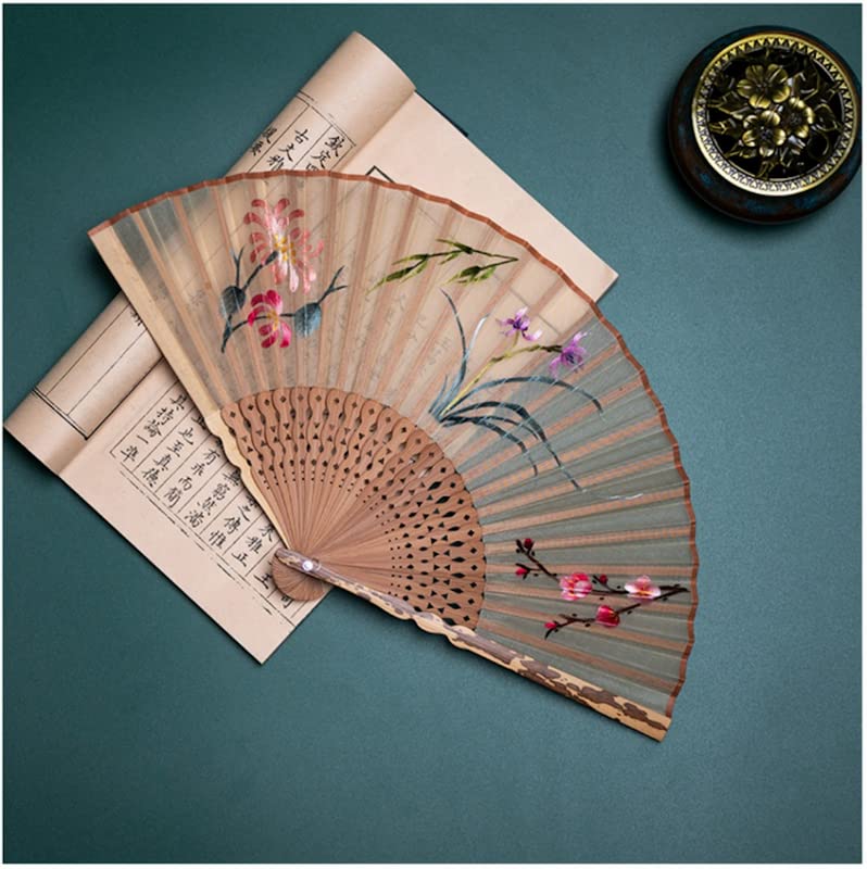 HangErFeng Folding Fan Vintage Hand Fans for Women Silk Double-side Handmade Embroidery Bamboo Fan 50 Pink