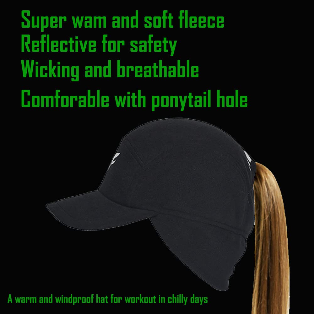 FETHAR Womens Athletic Winter Hat with Ponytail Hole - Fleece Running Hat for Womens (Black/Reflective)