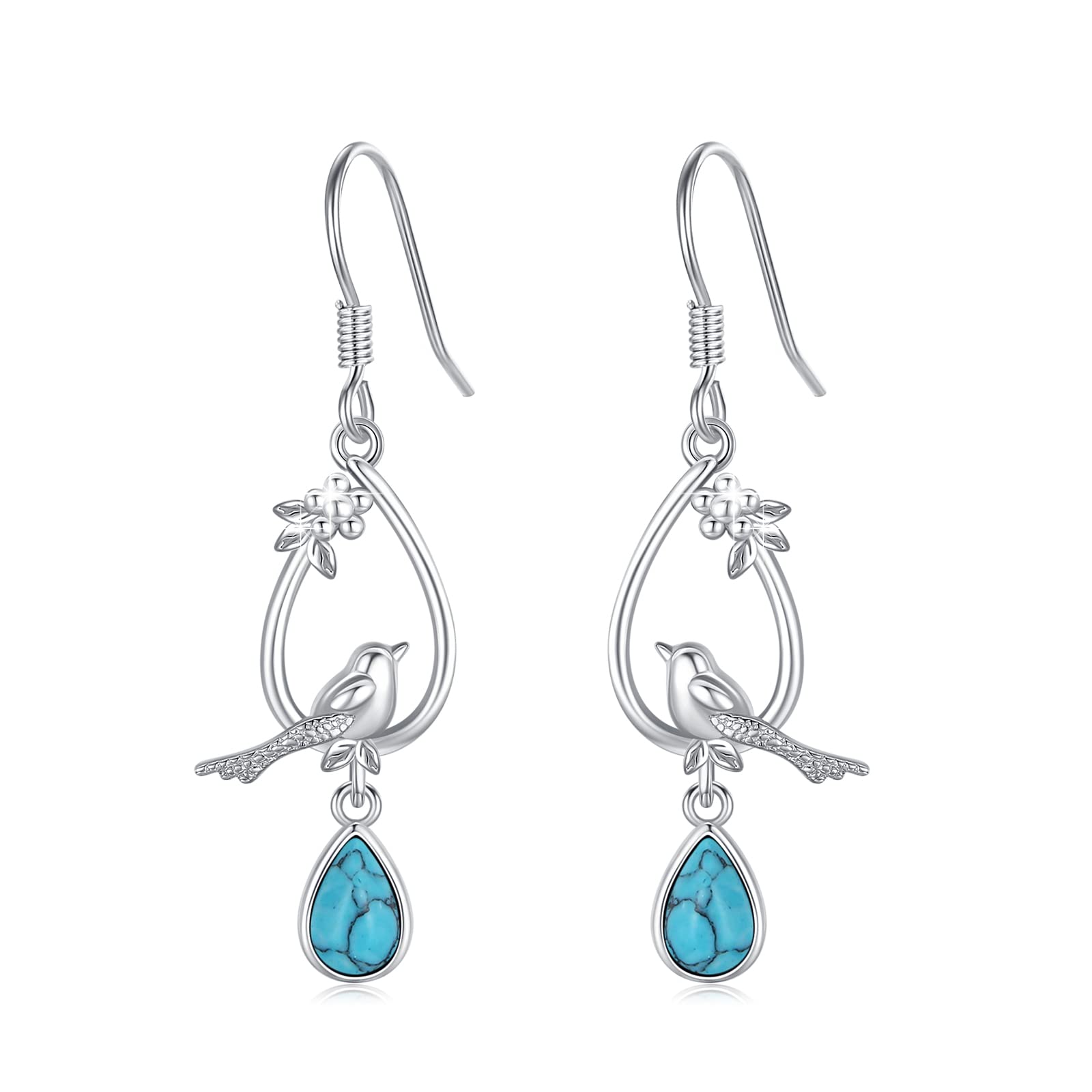 AOVEAO Hummingbird Earrings 925 Sterling Silver Turquoise Birds Drop Dangle Earrings Birds Teardrop Earrings Jewelry for Women