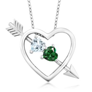 gem stone king 925 sterling silver sky blue aquamarine and green simulated emerald heart and arrow pendant necklace for women (0.73 cttw, with 18-inch chain)