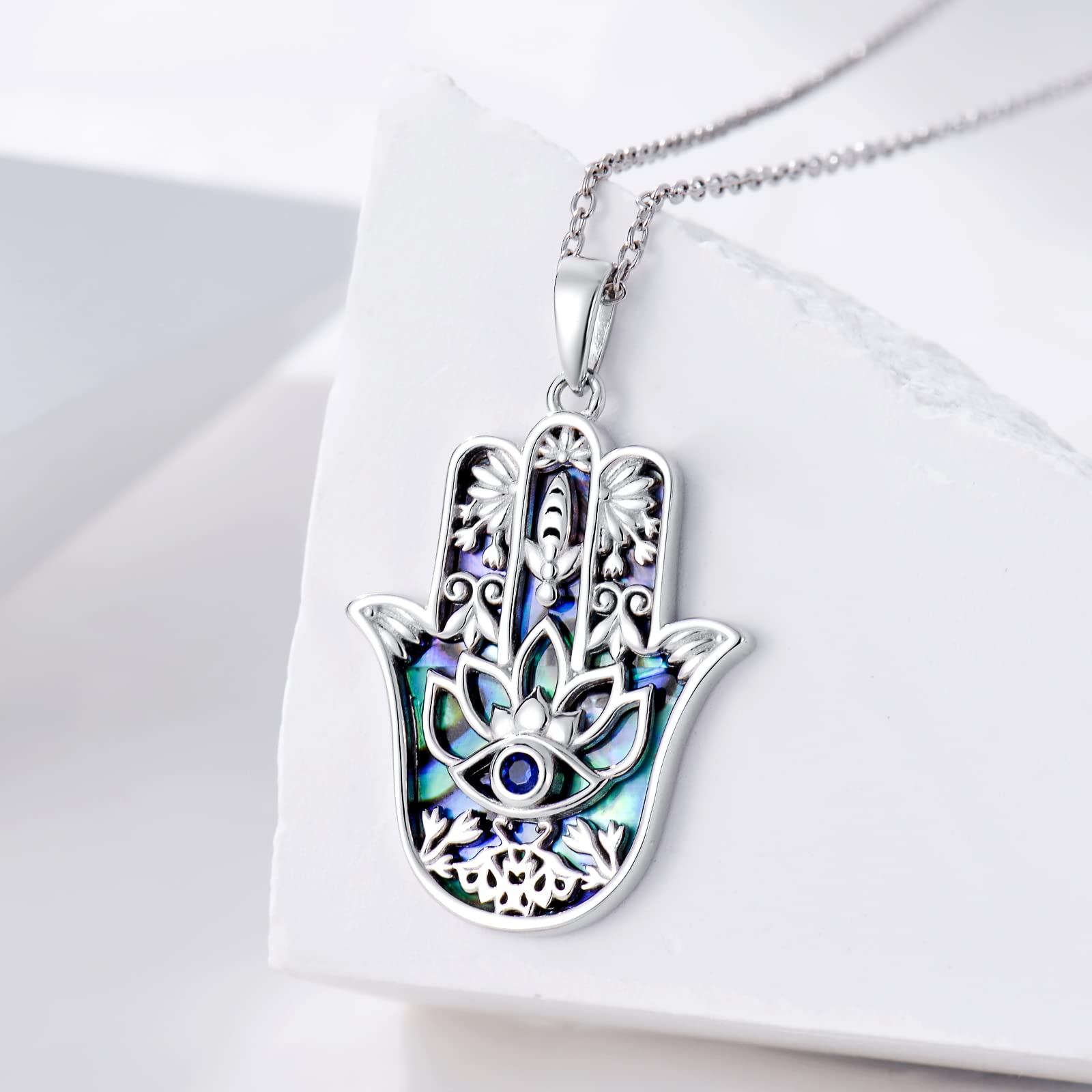 PROESS Hamsa Hand Evil Eye Necklace Sterling Silver Lotus Flower Pendant Hand of Fatima Jewelry For Women Men