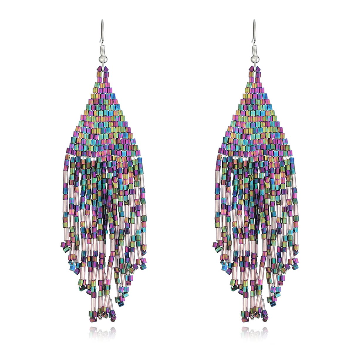 Color Boho Rice Beads Tassel Earrings.Multicolor Long Beaded Dangle Earrings Handmade Woven Drop Earrings Jewelry Gifts for Women (Colorful)