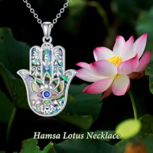 PROESS Hamsa Hand Evil Eye Necklace Sterling Silver Lotus Flower Pendant Hand of Fatima Jewelry For Women Men