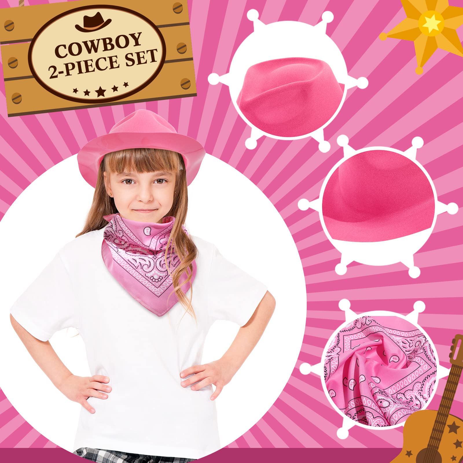 48 Pcs Western Pink Cowboy Party Hat Set with 24 Felt Hats and 24 Paisley Bandanas for Kids Costume