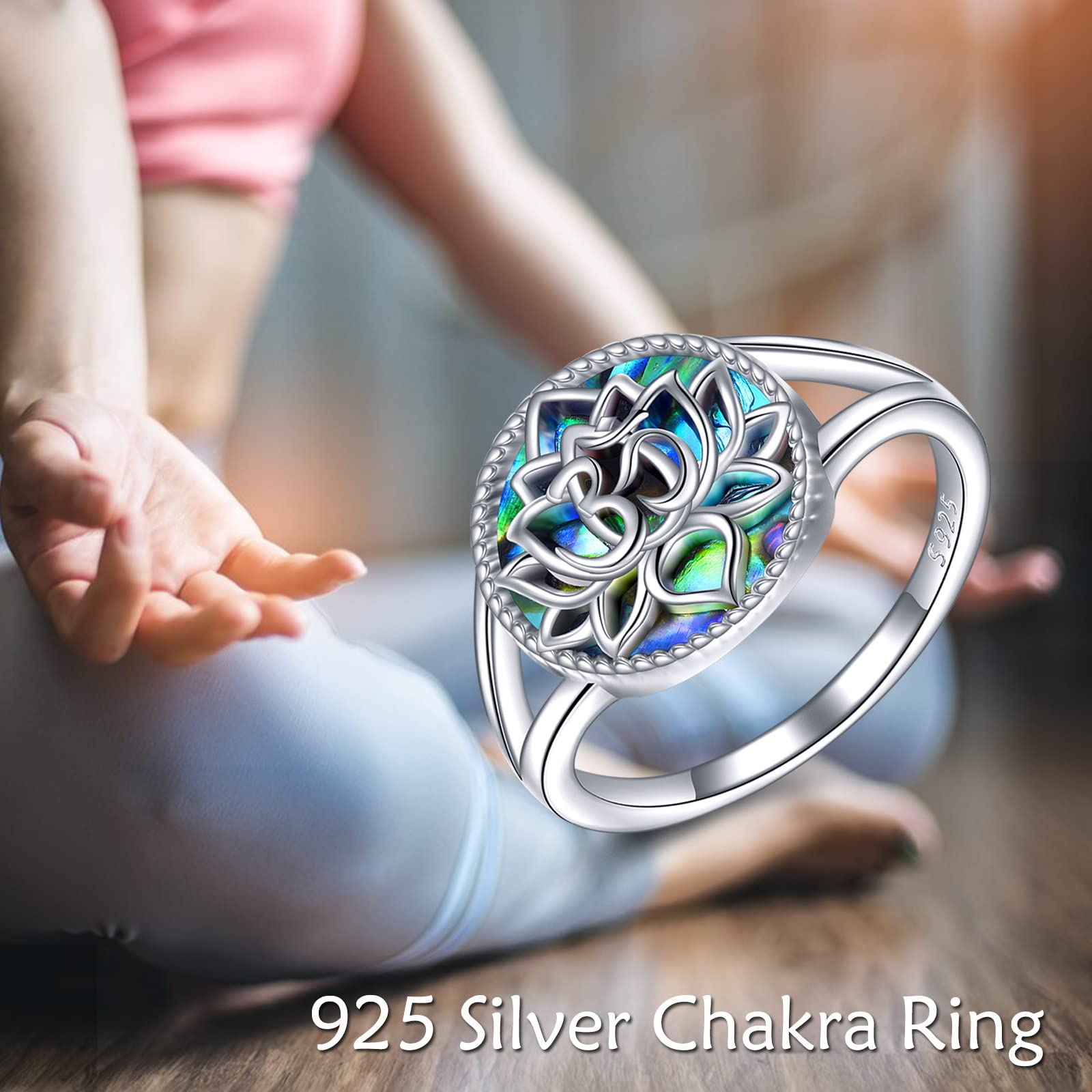 CUPENDA Lotus Flower Ring Sterling Silver Om Yoga Promise Rings Abalone Shell Inspirational Flower Jewelry Gift for Women (7)