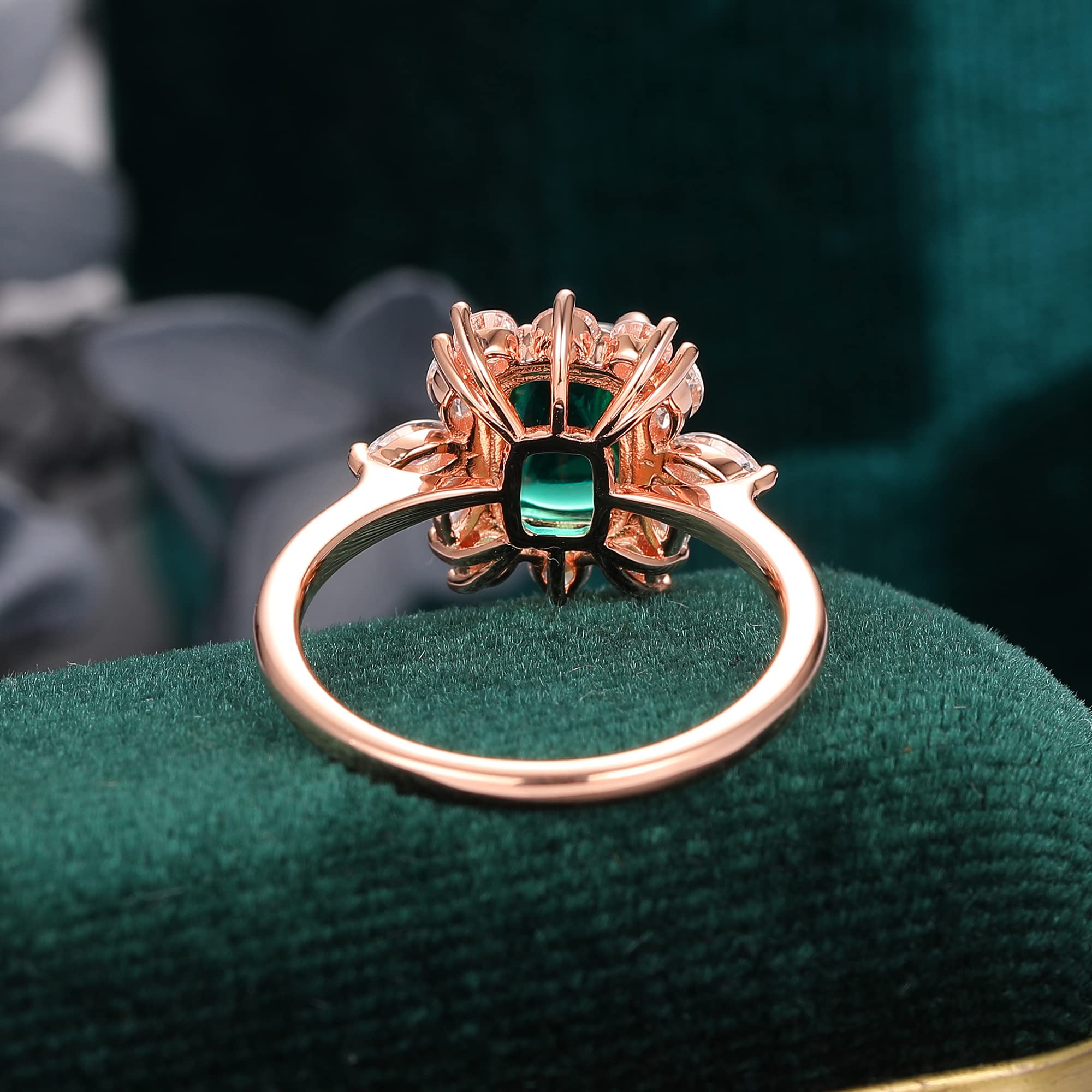 Frayerr 4 Claw Prongs Long Sugar Loaf Cut Cushion Emerald Ring - Prong Set Round & Marquise Moissanite Halo 14K Gold Engagement Ring - Vintage Emerald Wedding Anniversary Ring For Wife - Art Deco Emerald Birthstone Ring Gift For May Born Her (14K White Go