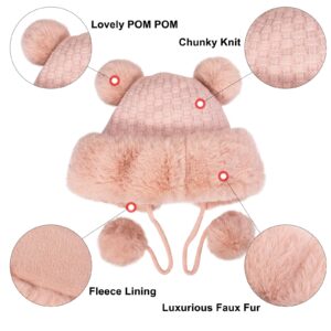 Peicees Winter Beanie Hats for Women Warm Knit Skull Cap Fur Hat with Pompom Russian Ushanka Trapper Hat Ear Cover Black