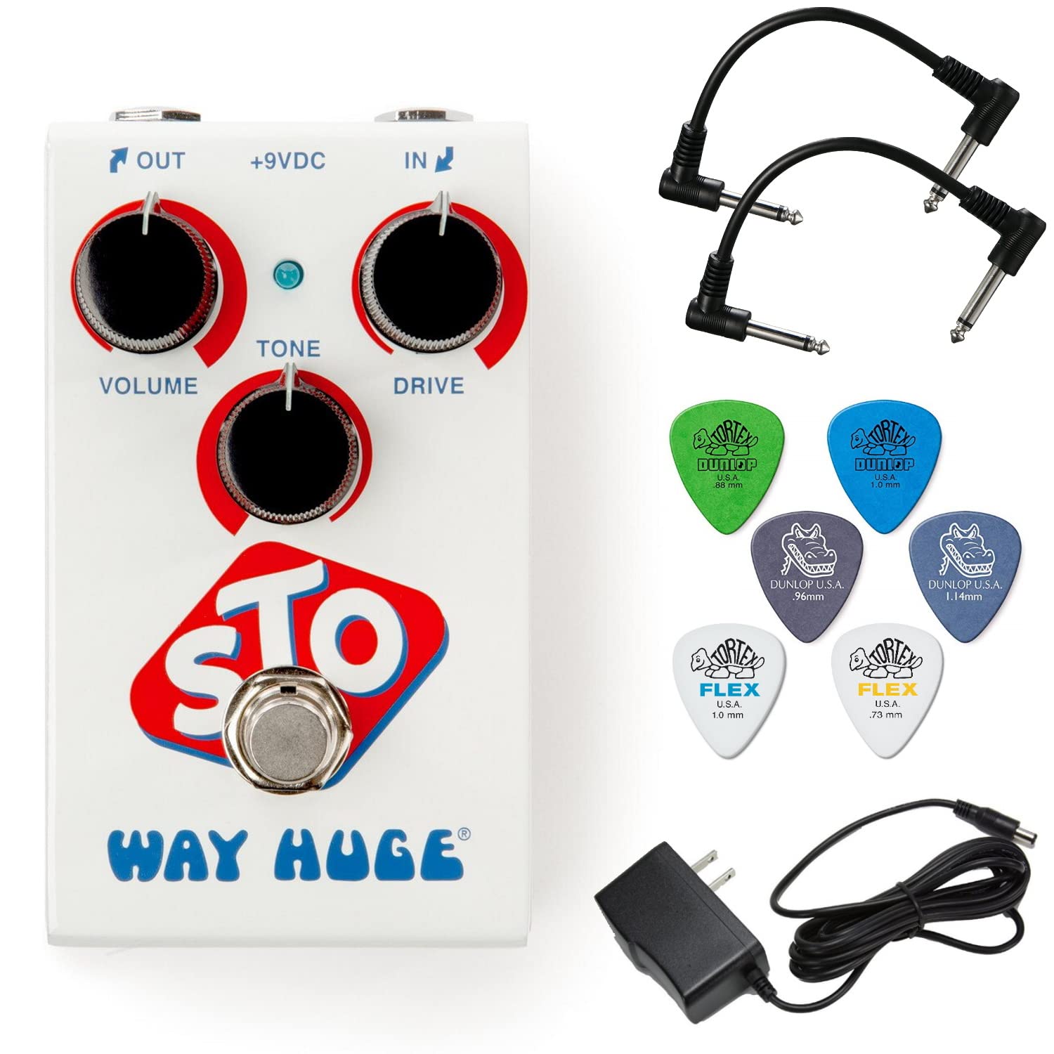 Way Huge Smalls STO Drive Overdrive Pedal Bundle with 2 Patch Cables, 6 Dunlop Picks, and Power Supply