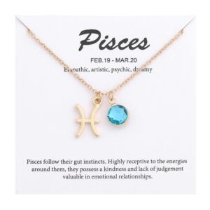 TGOLM 14k Gold Plated Pisces Sign March Birthstone Created-aquamarine Crystal Necklace for Women Birthday Gift