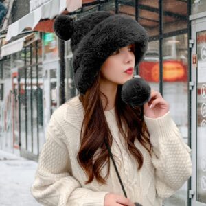 Peicees Winter Beanie Hats for Women Warm Knit Skull Cap Fur Hat with Pompom Russian Ushanka Trapper Hat Ear Cover Black