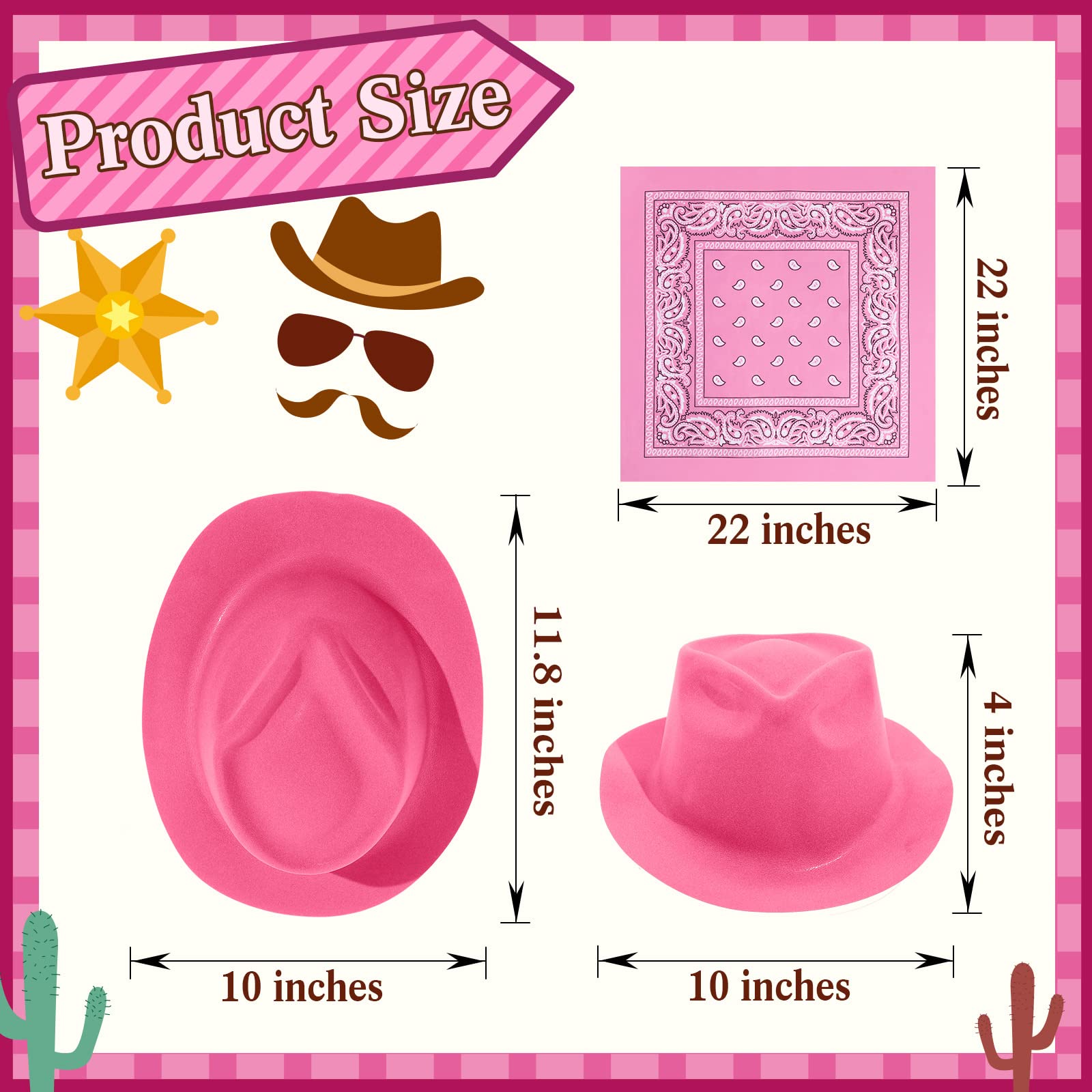 48 Pcs Western Pink Cowboy Party Hat Set with 24 Felt Hats and 24 Paisley Bandanas for Kids Costume