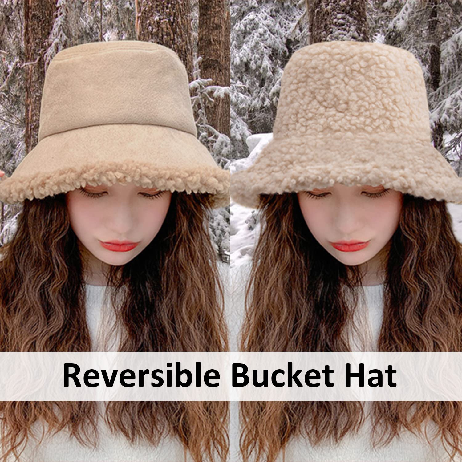 Peicees Winter Fluffy Bucket Hat for Women Girls Fuzzy Warm Bucket Hat with Faux Fur for Kids Reversible Fisherman Cap Black