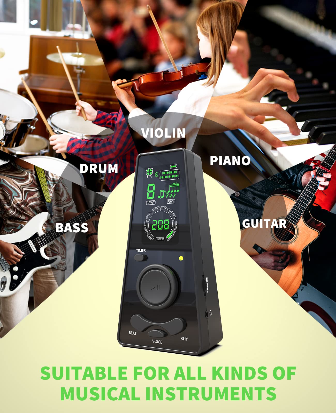 Electronic Digital Metronome with Timer for Guitar, Piano, Violin, Ukulele Practice, Advanced Universal Metronome with Tempo Knob, Vocal Counts, Type C and Timing