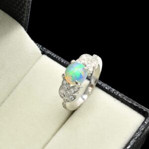 8 MM Natural Rainbow Fire Ethiopian Opal Cabochon Ring 925 Sterling Silver October Birthstone Solitaire Ring Opal Jewelry Birthday Gift For Wife (Sterling Silver, 11.5 US)