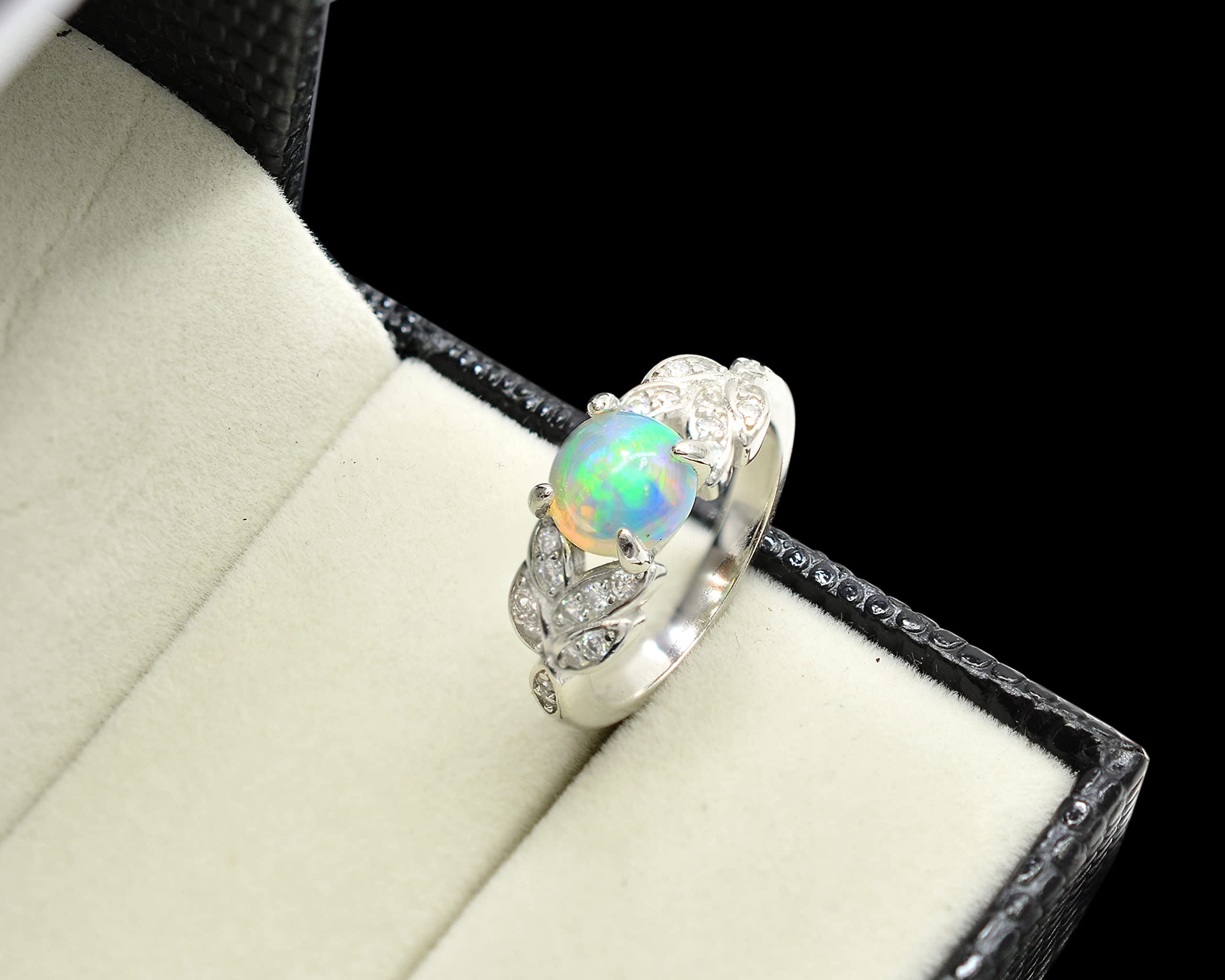 8 MM Natural Rainbow Fire Ethiopian Opal Cabochon Ring 925 Sterling Silver October Birthstone Solitaire Ring Opal Jewelry Birthday Gift For Wife (Sterling Silver, 11.5 US)