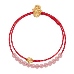 KARMA AND LUCK Red String Wrap-Bracelet for Women, 18K Gold Evil Eye Charm, Real Rose Quartz Beads, & Hamsa Button Closure, Made in Bali, Size 13”-14”