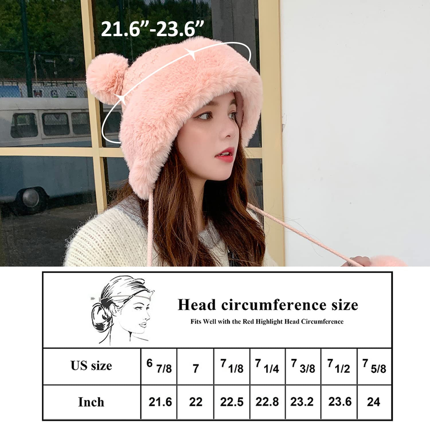 Peicees Winter Beanie Hats for Women Warm Knit Skull Cap Fur Hat with Pompom Russian Ushanka Trapper Hat Ear Cover Black