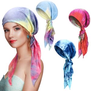 sintege 4 pcs women head scarf pre tied chemo caps slip on turban headwear cancer head wraps beanie hat bandana(tie dye style)