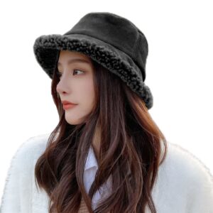 peicees winter fluffy bucket hat for women girls fuzzy warm bucket hat with faux fur for kids reversible fisherman cap black