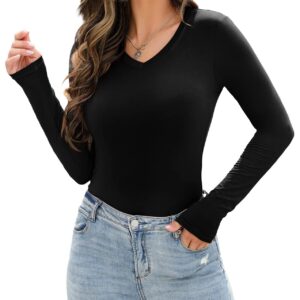 REVETRO Women's Long Sleeve V Neck T Shirt 2024 Fall Ribbed Knit Slim Fitted Casual Solid Color Basic Tee Tunic Tops Black Small…