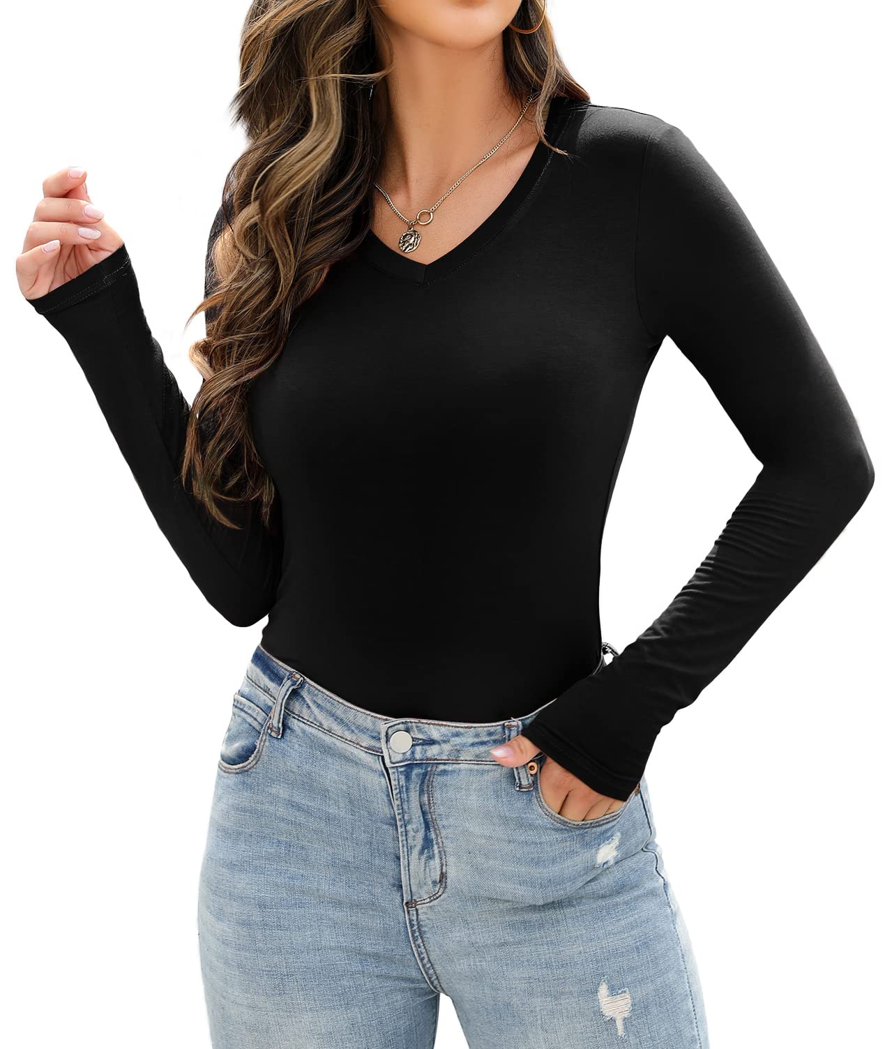 REVETRO Women's Long Sleeve V Neck T Shirt 2024 Fall Ribbed Knit Slim Fitted Casual Solid Color Basic Tee Tunic Tops Black Small…