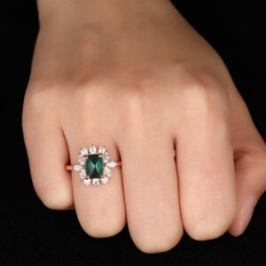 Frayerr 4 Claw Prongs Long Sugar Loaf Cut Cushion Emerald Ring - Prong Set Round & Marquise Moissanite Halo 14K Gold Engagement Ring - Vintage Emerald Wedding Anniversary Ring For Wife - Art Deco Emerald Birthstone Ring Gift For May Born Her (14K White Go