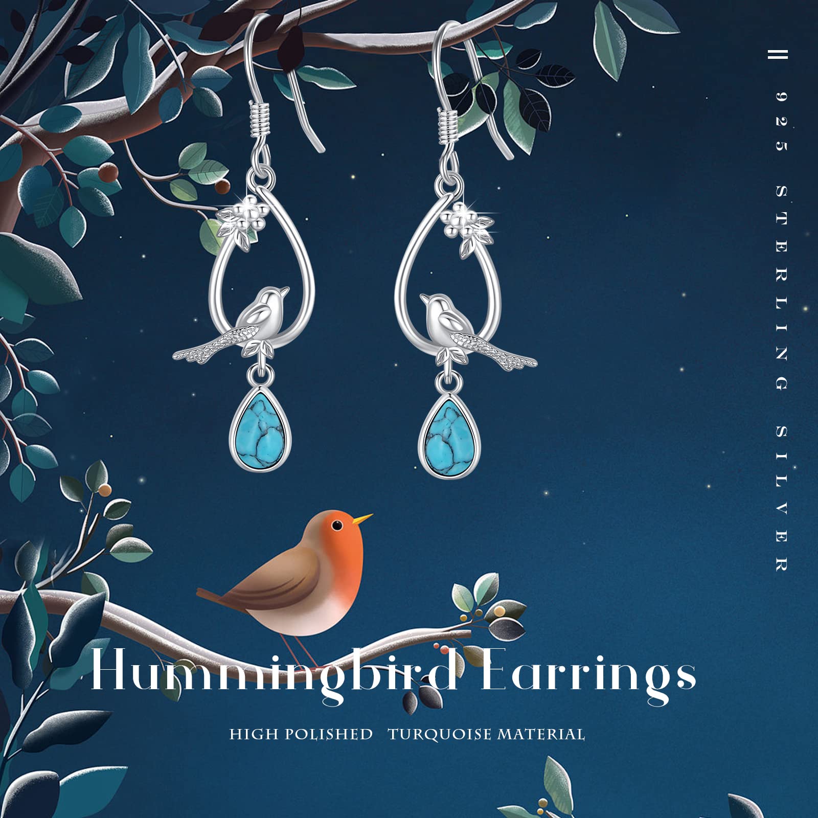 AOVEAO Hummingbird Earrings 925 Sterling Silver Turquoise Birds Drop Dangle Earrings Birds Teardrop Earrings Jewelry for Women