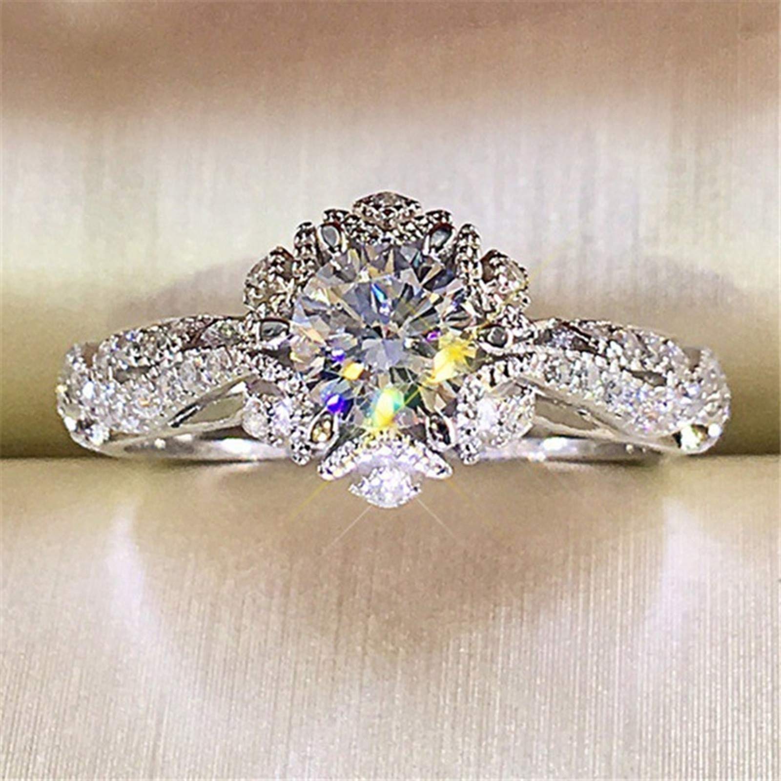 Stainless Steel Rings for Women Diamond Flower Crystal Zircon Ring Elegant Rhinestone Ring Jewellery Women Fashion Full Diamond Zircon Rings Luxury Elegant Wedding Rings Jewelry Gifts, 11