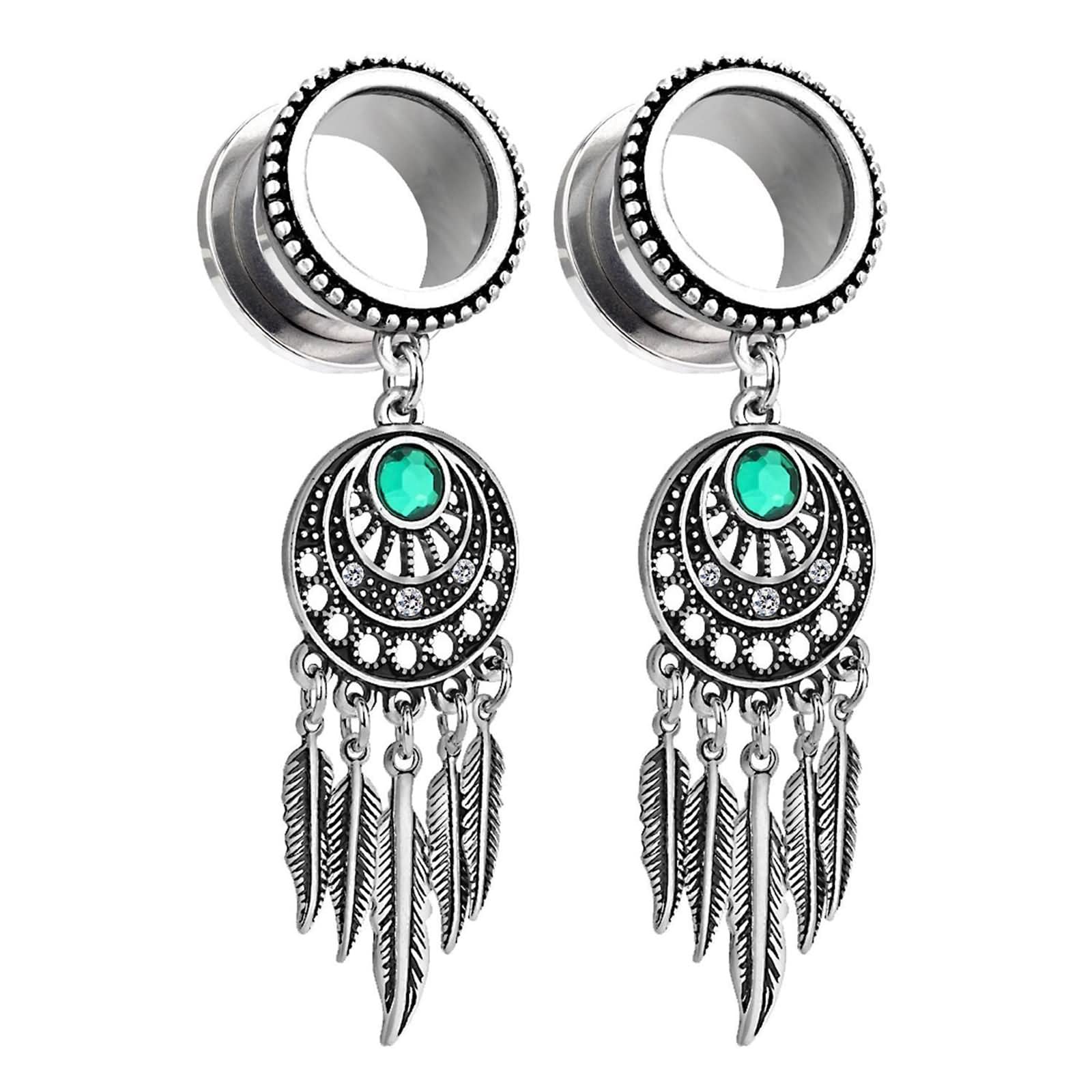 Aotiwe Vintage Gauges, Gauge Jewelry Leaves Dangle with Green Cubic Zirconia Silver 1 3/16 Inch 30mm Stainless Steel 2Pcs