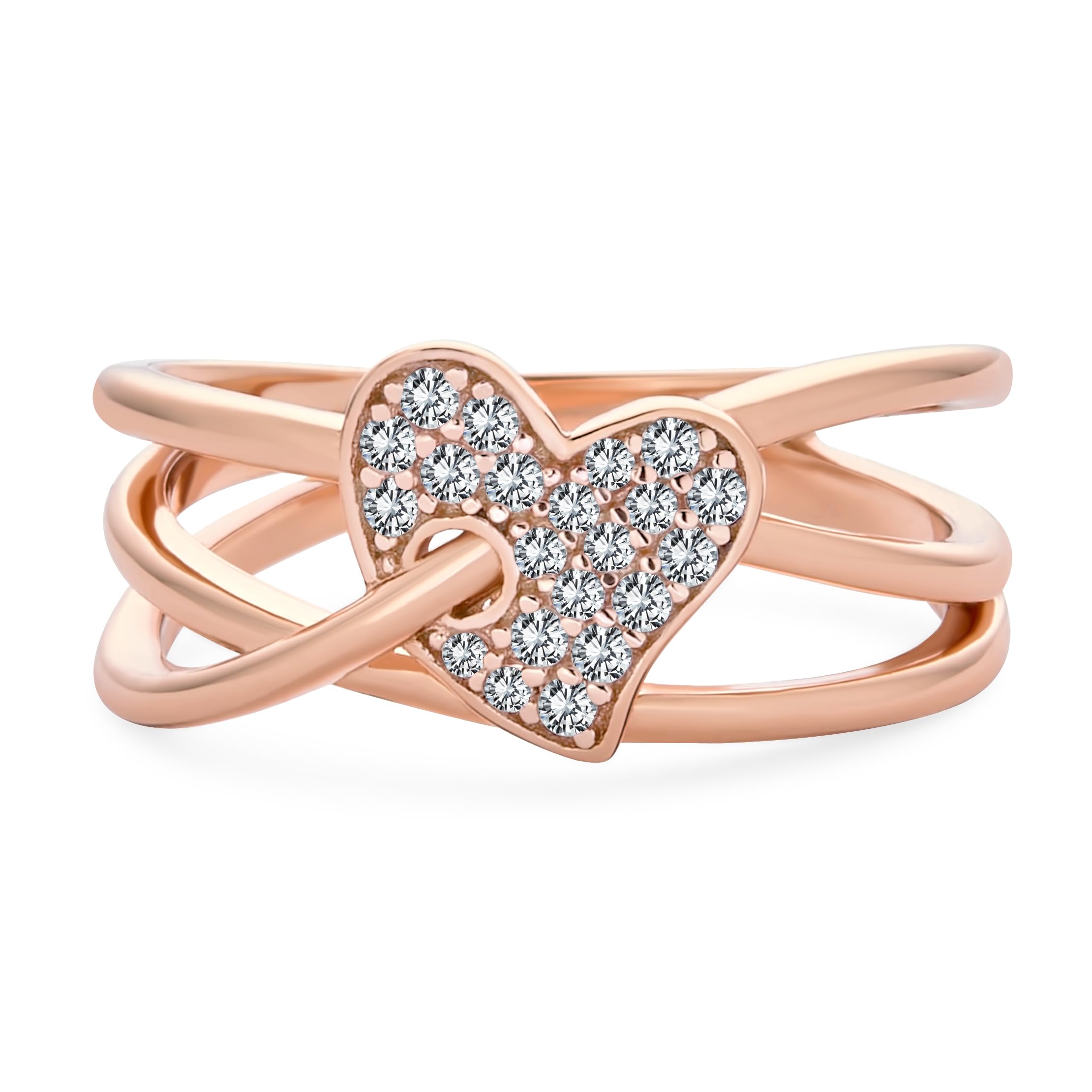 Romantic Pave CZ Accent Cubic Zirconia Crossover Intertwined Infinity& Heart Promise Ring For Women Rose Gold Plated .925 Sterling Silver